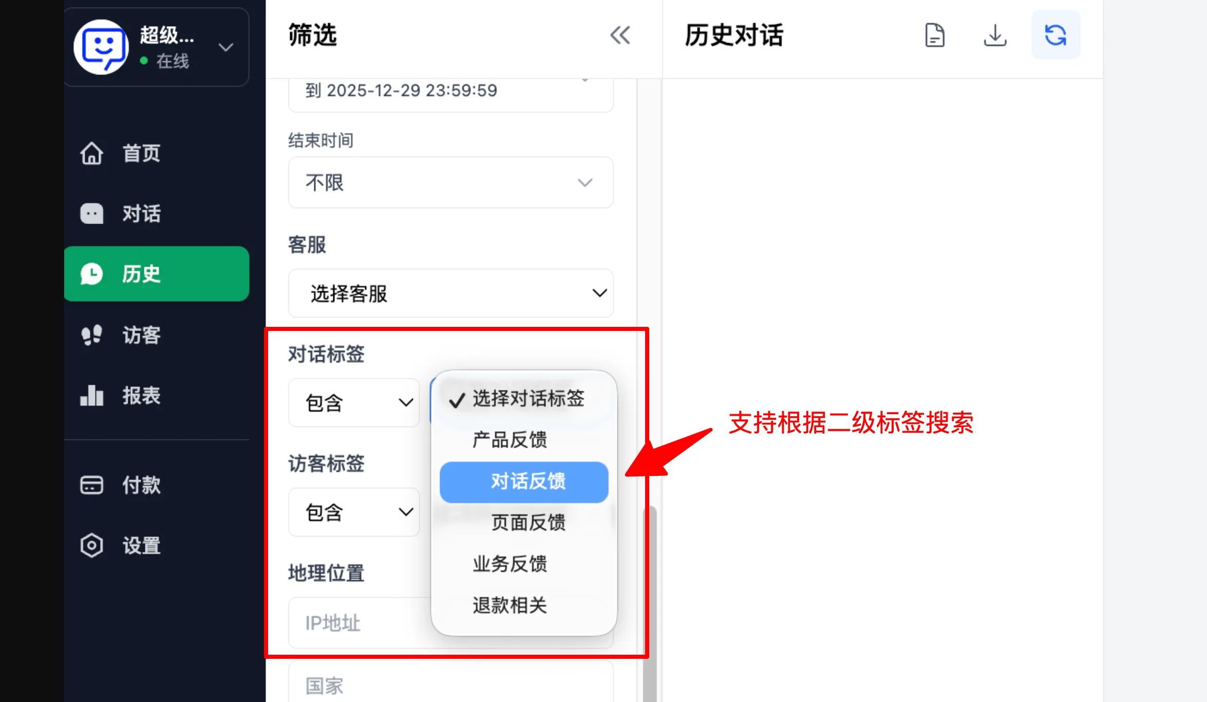 使用二级标签筛选历史对话示例